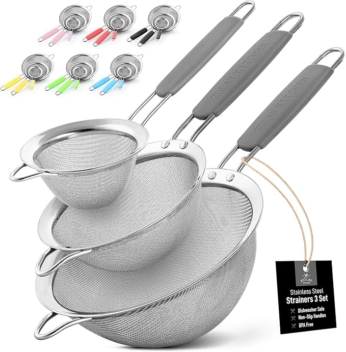 Zulay Kitchen Premium Stainless Steel Fine Mesh Strainer Set - Strainers For Kitchen (Set of 3) With Non-Slip Handles - Includes A Small, Medium & Large Fine Mesh Sieve Set - Durable Metal Strainer