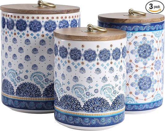 Bico Blue Talavera Ceramic Canister Set of 3 for Kitchen Counter, 62oz, 40oz, 32oz each, with Wooden Air Tight Lid, Food Storage Jar for storing Coffee, Tea, Spice, Dishwasher Safe