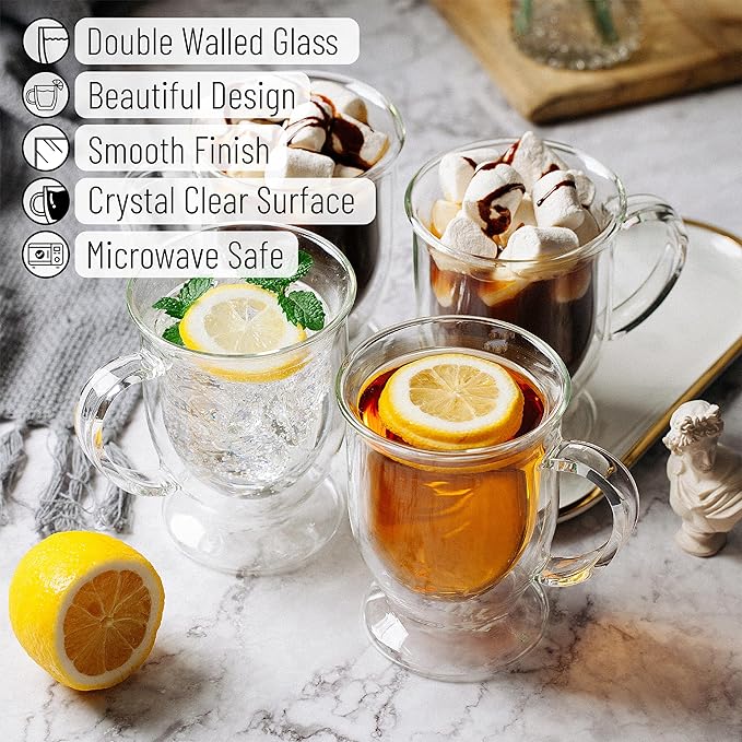 BTaT- Double Walled Glass Coffee Mugs, 12 oz, Set of 4, Glass Coffee Cups with Handle, Insulated Clear Coffee Mug for Hot and Cold Beverages, Cappuccino, Latte, Tea, Americano, Microwave Safe