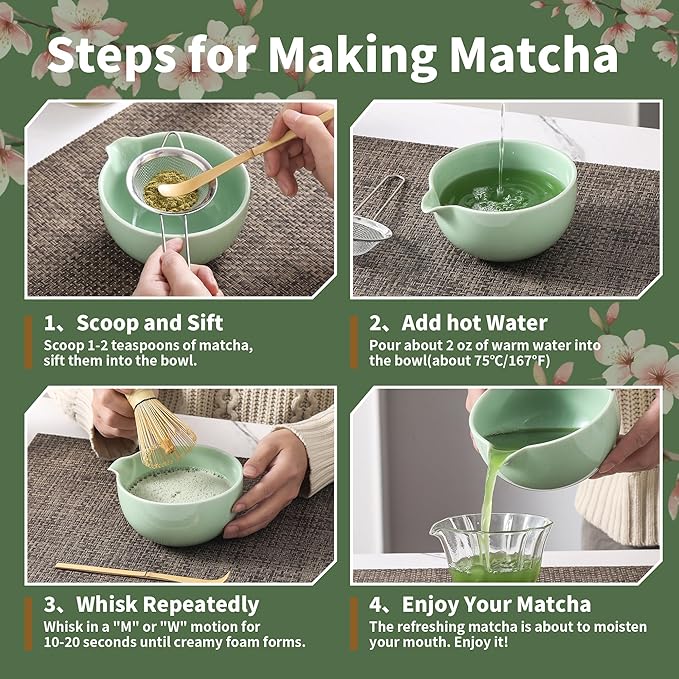 Matcha Whisk Set 5 Pcs, Matcha Kit Set Includes Matcha Bowl, Matcha Whisk and Holder, Bamboo Scoop and Sifter, Ceramic Matcha Set, Matcha Tea Set, Ideal Gift for Family/Friend (Cyan)