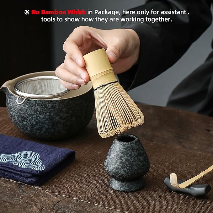 TEANAGOO Matcha Bowl with Spout, 2-Pcs Ceramic Matcha Bowl and whisk Holder (chawan), 18 02/510ML Black Bowl with Stand, Traditional Ceremonial Accessories, Gift Set for Friend, Matcha Set