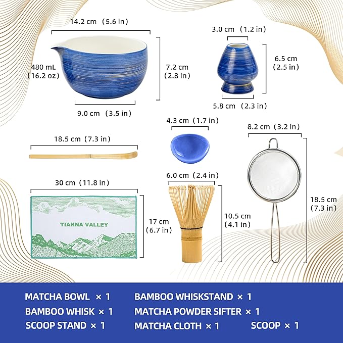Matcha Whisk Set,7 Pcs Matcha Set Blue,Matcha Kit for Ceremony,480 ML Ceramic Bowl(chawan) with Spout,Bamboo Whisk(100 prong) and Holder,Tradition Tea Set,Gift for Matcha Lovers