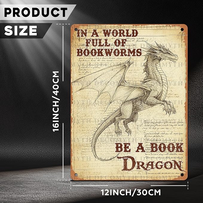 Retro Dragon Tin Sign In a World Full of Bookworms be a Book Dragon Vintage Metal Poster Funny Bath Wall Art Toilet Man Cave Bar Cafe Indoor Room Garage 12 * 16inch - Image 4