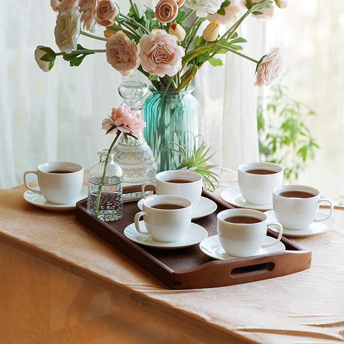BTaT- Cappuccino Cups with Saucers 6 oz, Set of 6, White Porcelain Coffee Cup and Saucer Set for Latte, Mocha, Tea, Au Lait, Flat White, Dishwasher, Microwave, Freezer and Oven Safe
