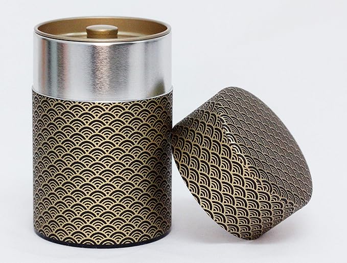 Washi Paper Tea Tin Canister: Long 5.3oz (150g) Black Waves with Gold Outlines (#91), Japan
