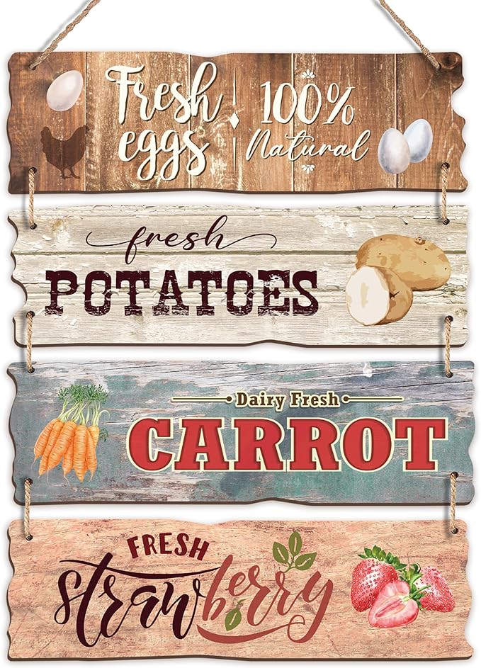 4 Pcs Wooden Signs For Farmers' Markets, Signs For Fresh Food In Farmers' Markets, Kitchen And Cafe Bar Decorations, Wall Decorations Artwork,Rustic Wooden Decorative Gifts-02 by HandEasy