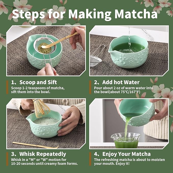 Matcha Whisk Set, 5 Pcs Ceramic Matcha Set, Matcha Kit Set Includes Matcha Bowl, Matcha Whisk and Holder, Bamboo Scoop and Sifter, Matcha Tea Set, Ideal Gift for Family/Friend (Green)