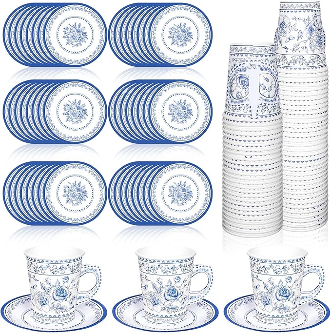 Whaline 80Pcs Blue White Floral Paper Tea Cups and Saucers Porcelain Chinoiserie Flower 9oz Disposable Teacups with Handle and Dessert Plates for Wedding Princess Baby Shower Birthday Spring Tea Party