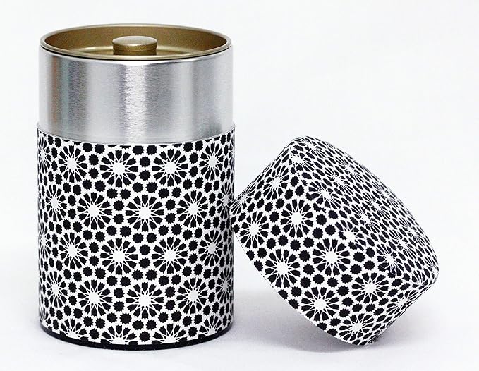 Washi Paper Tea Tin Canister: Long 5.3oz (150g) Black & White Sunflowers (#67), Japan