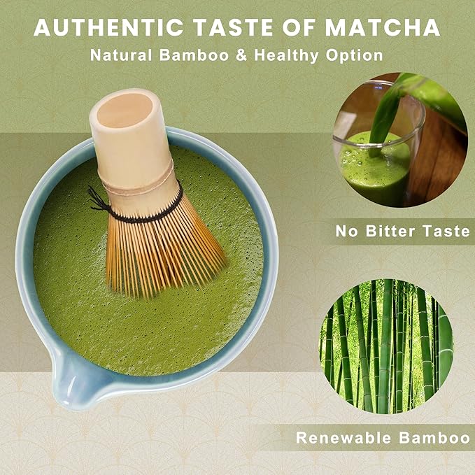 Traditional Matcha Set, Line Blue Ceramic Matcha Bowl, Bamboo Whisk (Chasen), Sifter, Scoop & Spoon - 6 Pcs Matcha Kit