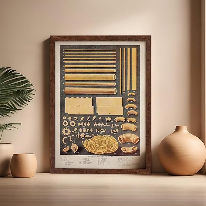 Poster Master Vintage Food & Drink Poster - Retro Pasta Print - Varieties of Pasta Art - Gift for Him, Her, Chef, Cook - Great Decor for Restaurant, Kitchen, Dining Room, 16x20 Brown Framed