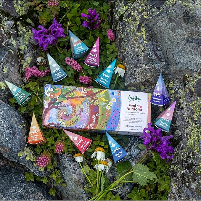 Lazika Tea Sampler with Lovely Presentation Box, 10 Counts, 2 of Each Blend Individually Wrapped, Black, Green and Herbal Tea Variety Gift Set, Premium Collection with Pyramid Infuser Bag, Handcrafted