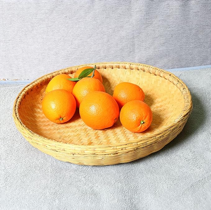 Bamboo Tray，Food Flatware trays，Bamboo and Rattan Fruit and Vegetable Basket with Flat Bottom,For Table, Kitchen,Outdoor Gathering and Dining Room Service or Decoration 2 Piece Set 餐厅服务托盘