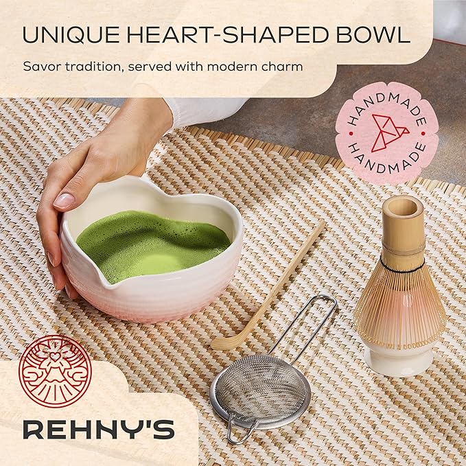 Rehny’s Matcha Whisk Set | Complete Pink Matcha Set w/Heart-Shaped Bowl, Bamboo Whisk, Holder, Stainless Steel Sifter, Bamboo Scoop | Cute Gift Present Macha Kit Handmade Bowl | Macha Powder Tea Kit