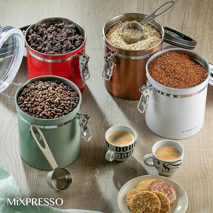 Mixpresso White 16 Oz Stainless Steel Coffee Canister with Scoop – Airtight Coffee Container with CO2 Valve for Bean Storage, Date Tracker Lid