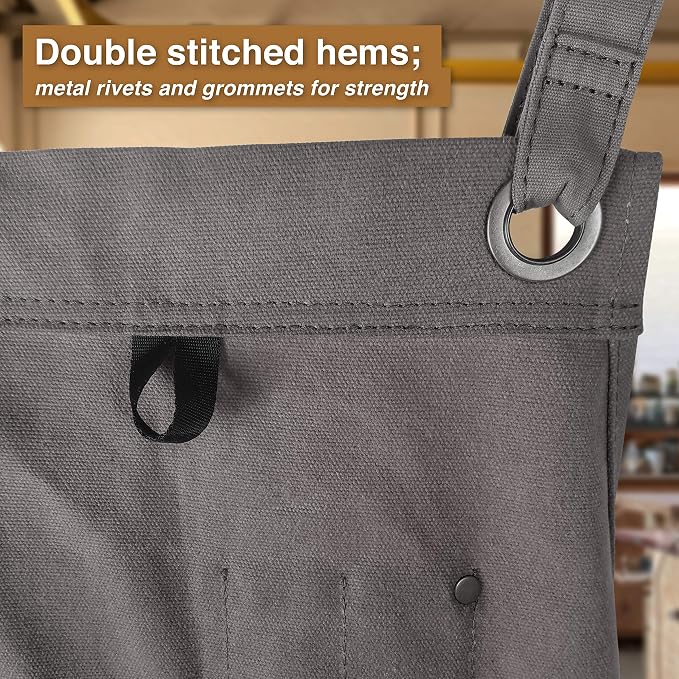 Hudson Durable Goods Woodworking Edition Waxed Canvas Tool Apron for Men and Women, Heavy Duty Work Apron with Front Pockets, Adjustable Padded Straps, Quick Release Buckle, Crossback - One Size, Grey - Image 2