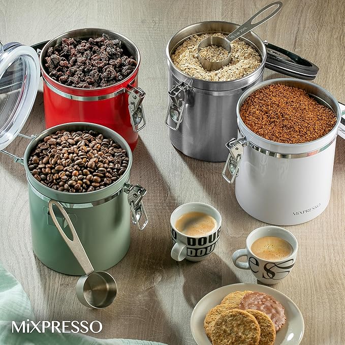 Mixpresso 16 Oz Stainless Steel Coffee Canister with Scoop – Airtight Coffee Container with CO2 Valve for Bean Storage, Date Tracker Lid
