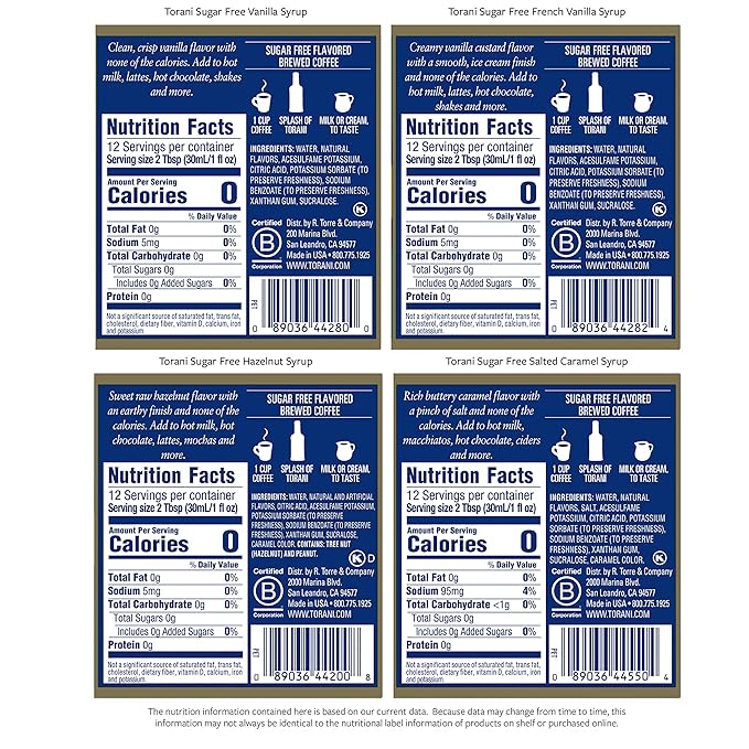 Torani Sugar Free Syrup, Coffeehouse Variety Pack, 12.7 Ounce (Pack of 4)